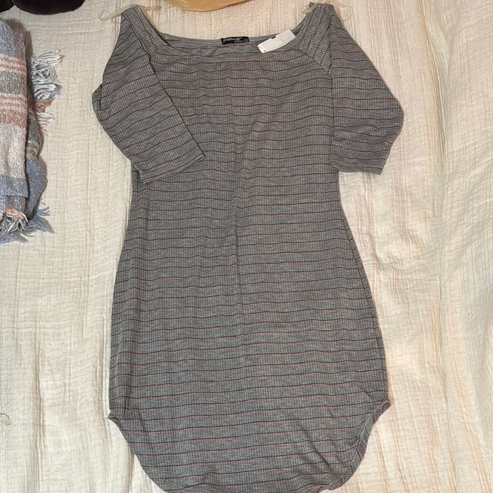 Gray Striped Scoop Neck Dress